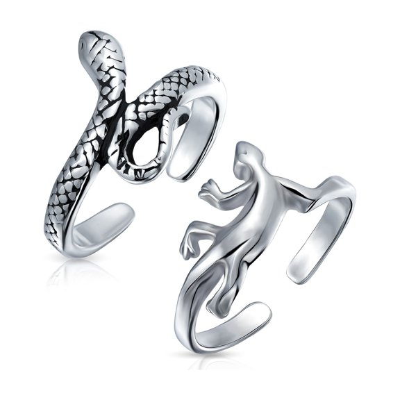 Bling Jewelry Womens Snake & Geko Lizard Toe Ring Adjustable .925 Sterling Silver (Set of 2)