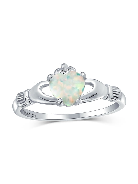 Womens Celtic Sorority Sister Created Opal Claddagh Band Ring .925 Sterling Silver