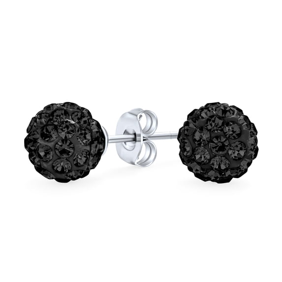 Bling Jewelry Womens Sparkling Black Onyx 8MM Pave Crystal Ball Stud Earrings Sterling Silver