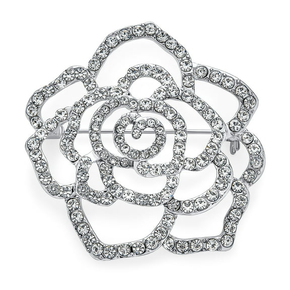 Bling Jewelry Womens Large Fashion Statement Rose Flower Brooch Pin with Sparkling Crystals Silver Tone