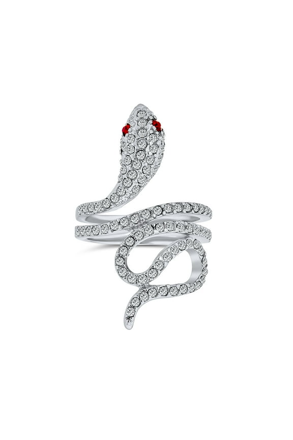 Womens Wrap Serpent Snake Statement Ring Red Eye Cubic Zirconia Pave CZ Silver Plated