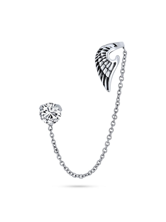 Womens Guardian Angel Wing 1 Cartilage Ear Cuff Chain CZ Stud Earring Silver Tone