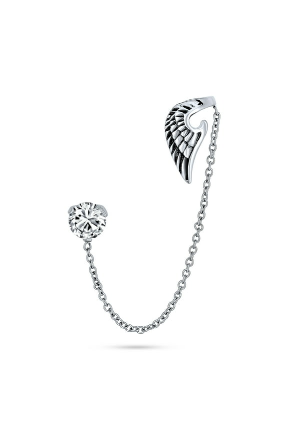 Womens Spiritual Angel Wing Feather Ear Cuff Cartilage Earring CZ Stud Stainless Steel