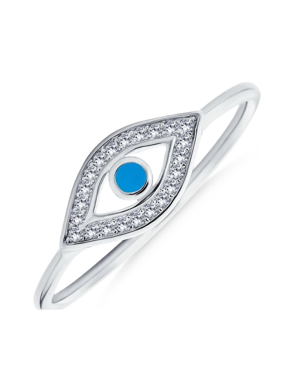 Womens Spiritual Dainty Blue Evil Eye Band Ring CZ Halo .925 Sterling Silver