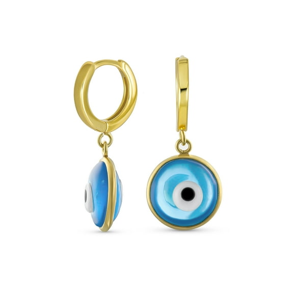 Bling Jewelry Womens Round Blue Evil Eye Drop Huggie Mini Hoop Earrings Endless Murano Glass Yellow Gold Plated .925 Sterling Silver