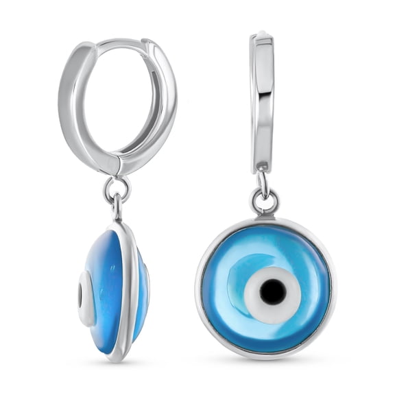 Bling Jewelry Womens Round Blue Glass Evil Eye Drop Hoop Earrings Silver