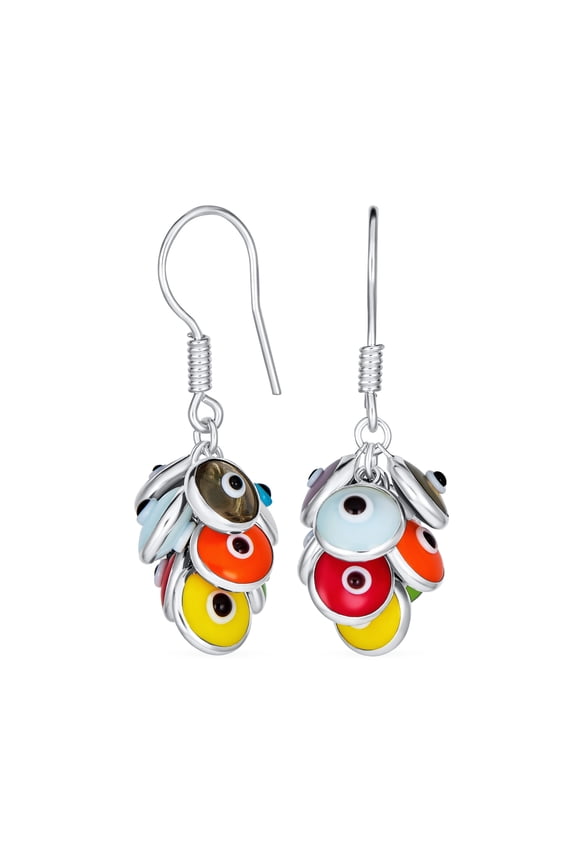 Womens Sterling Silver 3D Colorful Clusters Evil Eye Dangle Earrings Spiritual Amulet Fish Hook