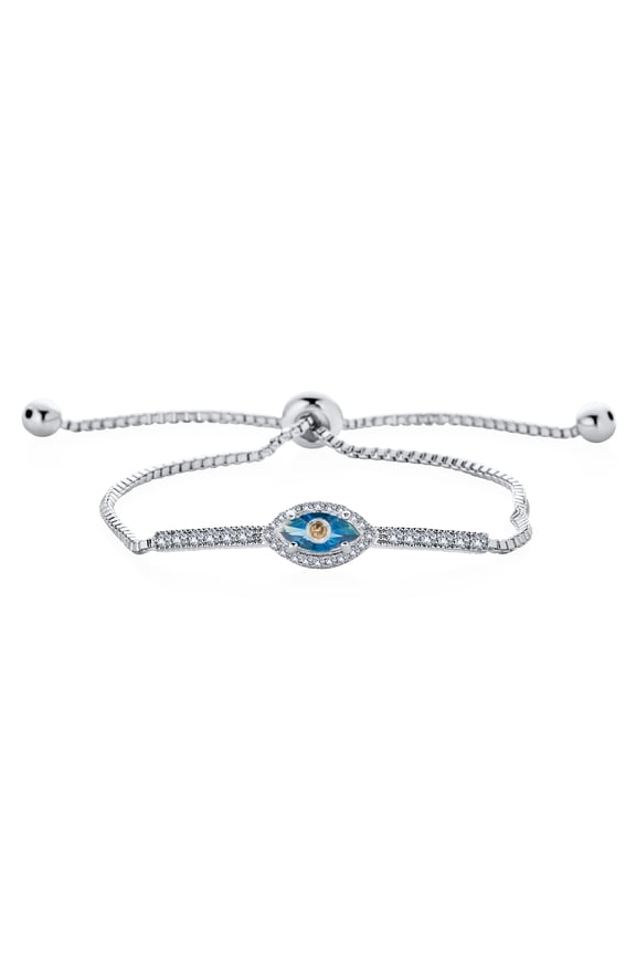 Womens Spiritual Protection Pave CZ Cubic Zirconia Blue Evil Eye Charm Bolo Bracelet Silver Plated