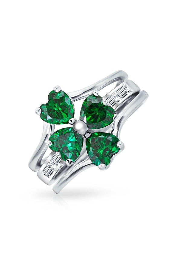 Womens St Patrick Shamrock Irish Green CZ Flower Lucky Clover Ring Sterling Silver
