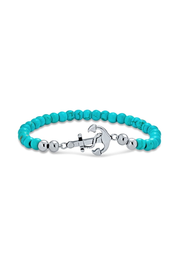 Womens Turquoise Anchor Bracelet Blue Bead Stretch Nautical Rope Boat Stainless Steel Clasp