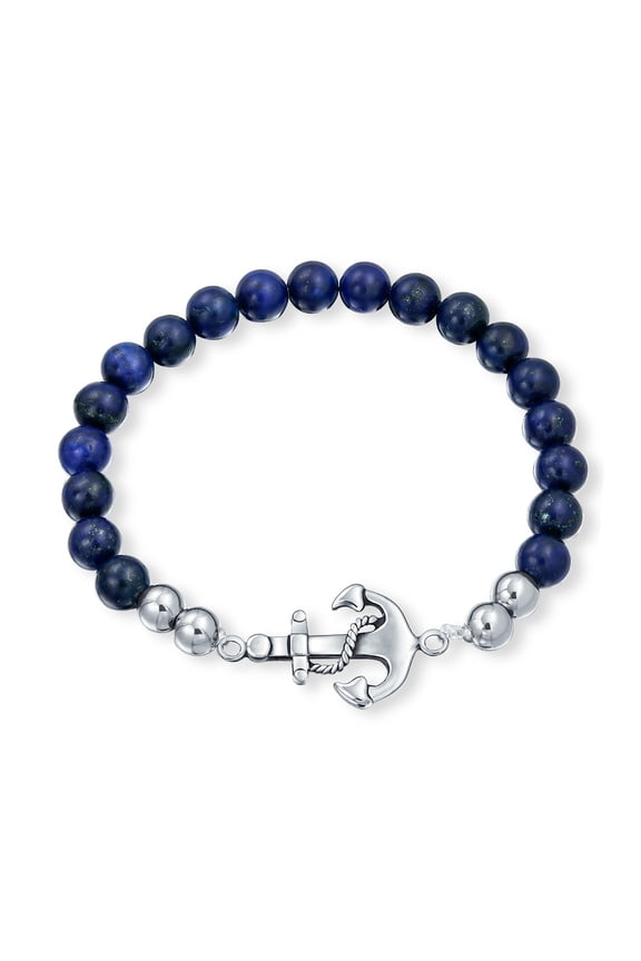 Womens Nautical Anchor Blue Lapis Lazuli Stretch Bracelet Stackable