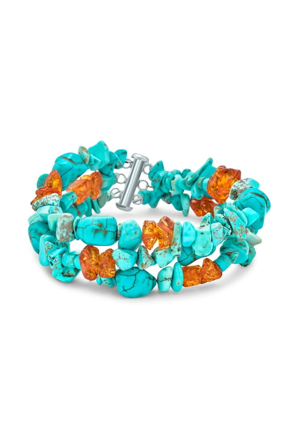 Womens Statement Blue Turquoise Amber Resin Multi Strand Bracelet with Silver Clasp