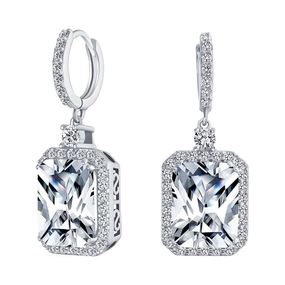 Bling Jewelry Womens Statement Fashion Emerald Cut CZ Halo Dangle Chandelier Earrings GoldSilver