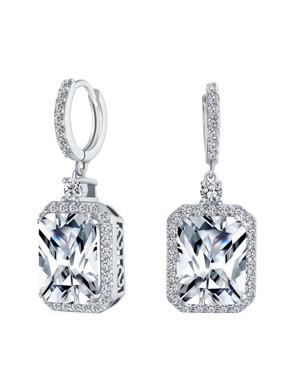Womens 10CT Emerald Cut Statement Clear CZ Halo Dangle Earrings Silver Plated