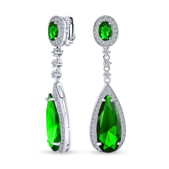 Bling Jewelry Womens Cocktail Green CZ Halo Teardrop Chandelier Clip On Earrings Silver Plated