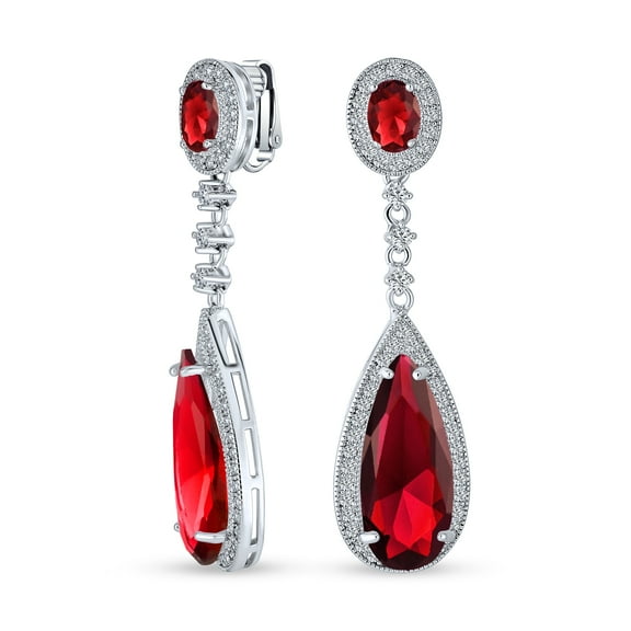 Bling Jewelry Womens Cocktail Red CZ Halo Teardrop Chandelier Clip On Earrings Silver Plated
