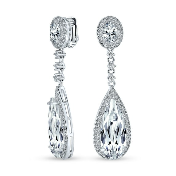 Bling Jewelry Womens Statement Teardrop CZ Dangle Chandelier Screw Clip-On Earrings Silver Plated