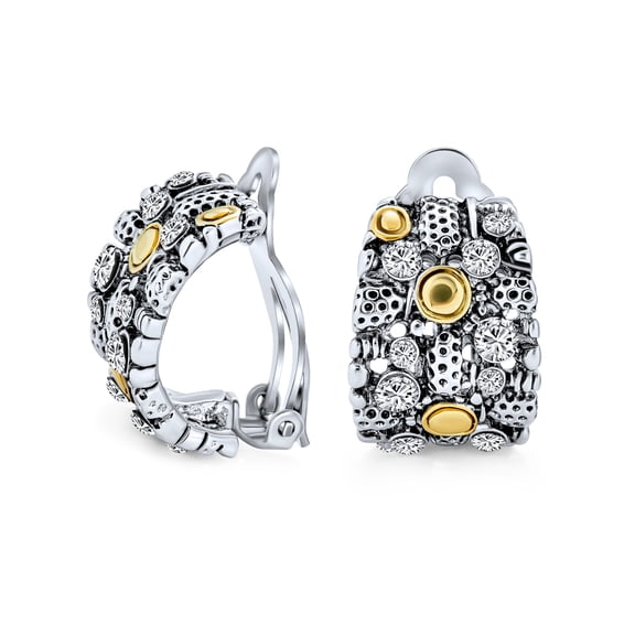 Bling Jewelry Womens Mixed-Metal Wide Half Steampunk Hoop Clip On Earrings Oxidized Gold Plated
