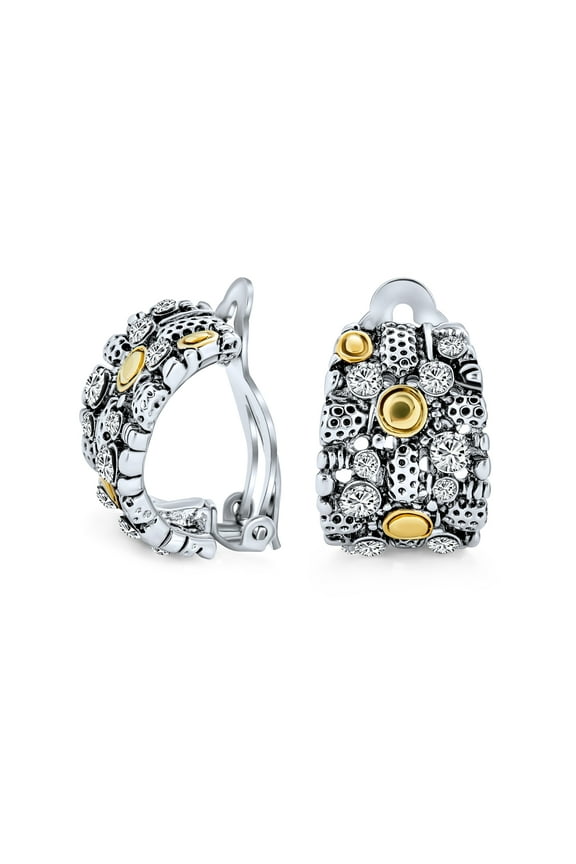 Womens Tri Tone Steampunk Half Hoop Clip-On Earrings Non-Pierced Ears Silver & Gold