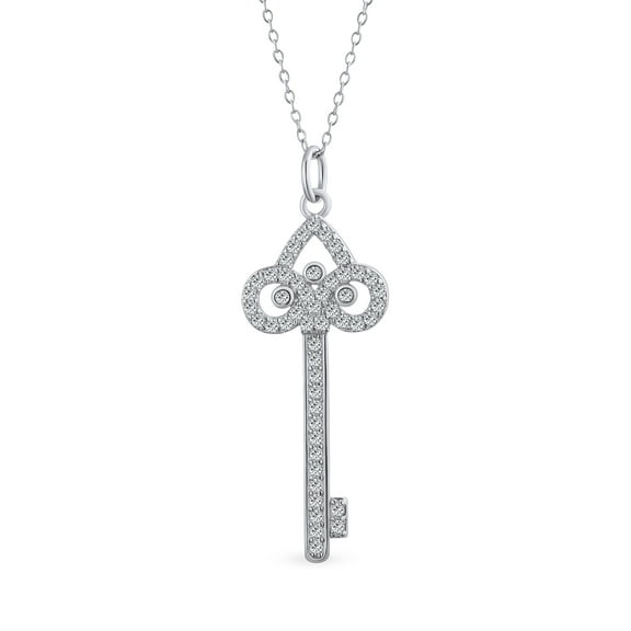 Bling Jewelry Womens Sterling Silver Fleur De Lis Key Pendant Necklace with Pave Cubic Zirconia