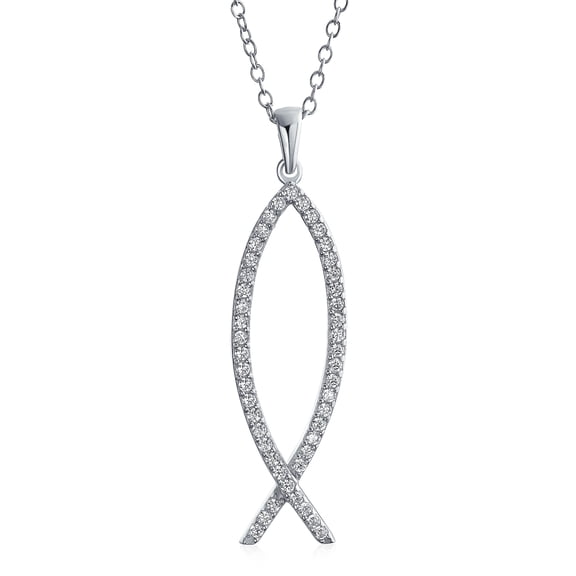 Bling Jewelry Womens Sterling Silver Jesus Fish Ichthys Pendant Necklace with Pave Cubic Zirconia