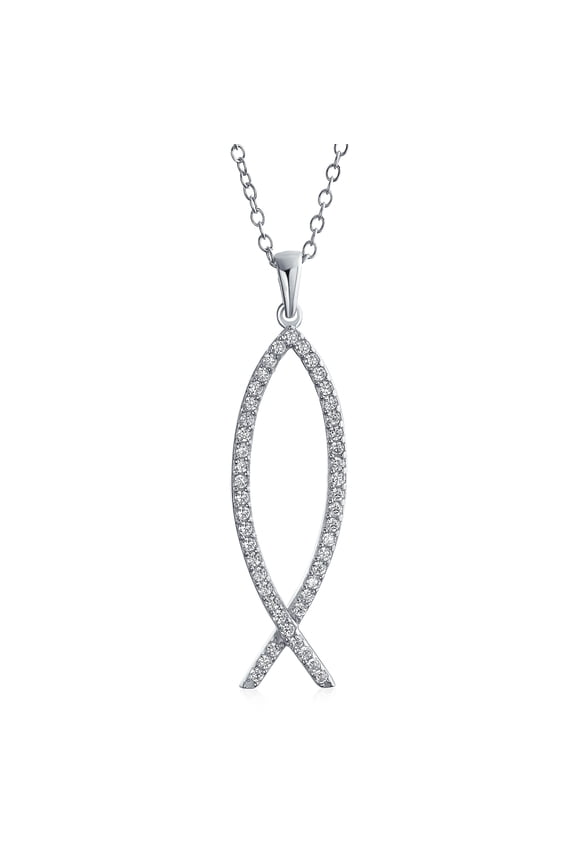 Womens Sterling Silver Jesus Fish Ichthys Pendant Necklace with Pave Cubic Zirconia