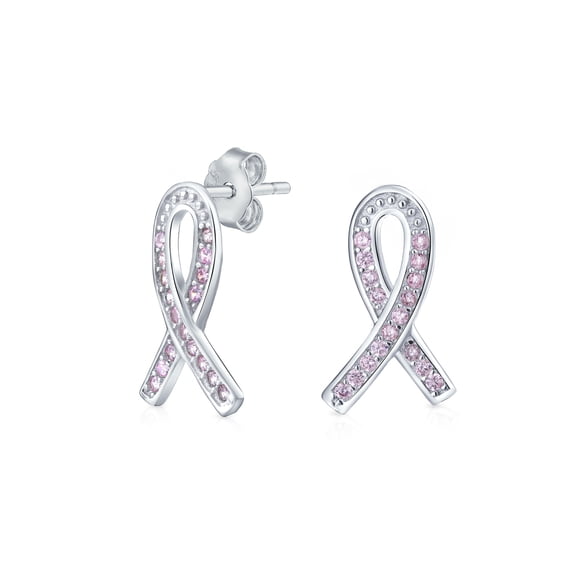 Bling Jewelry Womens Strength & Hope CZ Stud Earrings: Pink Ribbon Cancer Survivor Sterling Silver