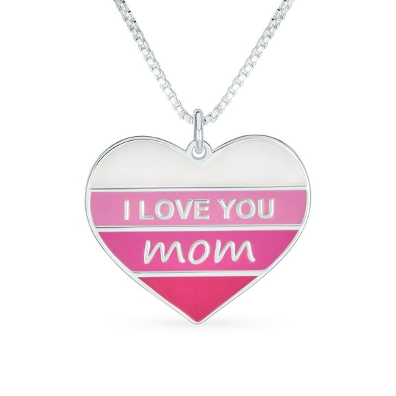 Bling Jewelry Womens Stripe Pink Enamel Heart Pendant Necklace with 'I Love You Mom' Message Silver
