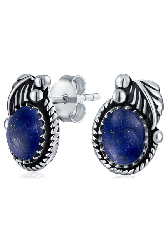 Womens Southwest Bezel Blue Lapis Lazuli Oval Stud Earrings .925 Sterling Silver