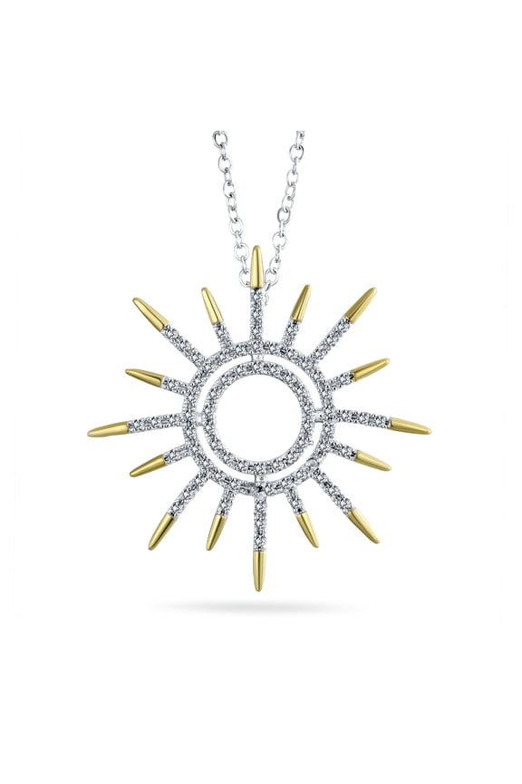 Womens Summer Flaming Sunshine Starburst Micro Pave CZ Pendant Necklace Gold Plated
