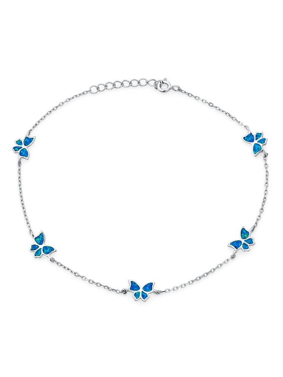 Womens Created Blue Opal Butterfly Charm Anklet Ankle Bracelet Sterling Silver