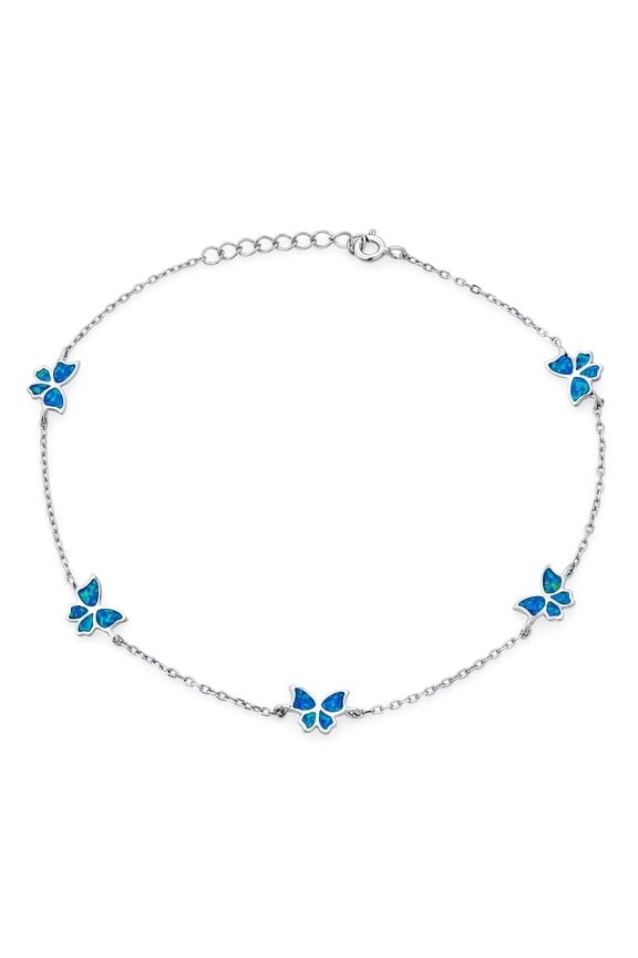 Womens Summer Garden Butterfly Opal Charm Anklet Ankle Bracelet Sterling Silver