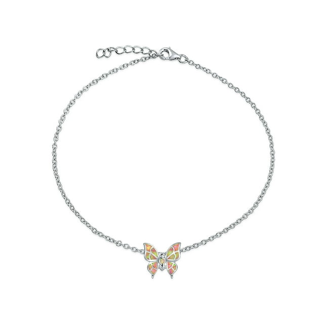 Bling Jewelry Womens Summer Garden Opalescent Butterfly Pink Opal Anklet Ankle Bracelet  Silver