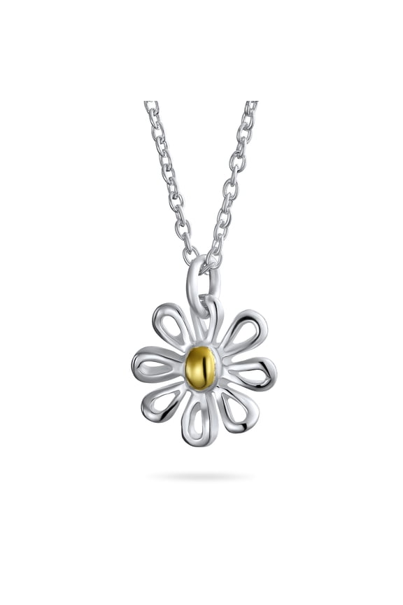 Womens Summer Spring Time Two Tone Charm Sunflower Daisy Flower Pendant Necklace Gold Sterling Silver
