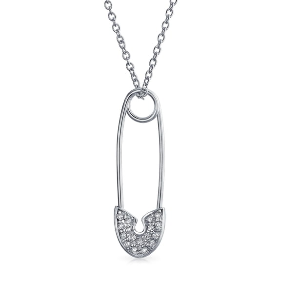 Bling Jewelry Womens Pave Cubic Zirconia CZ Accent Safety Pin Pendant Necklace Sterling Silver