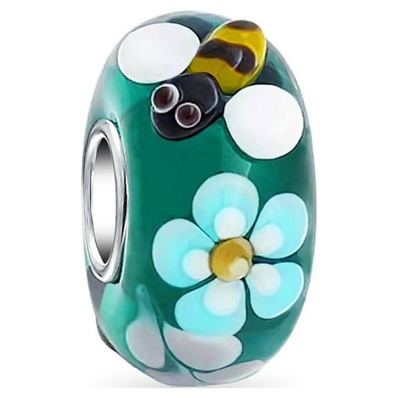 Bling Jewelry Womens Teal Silver Bee Flower Murano Glass Charm Bead for European Bracelets