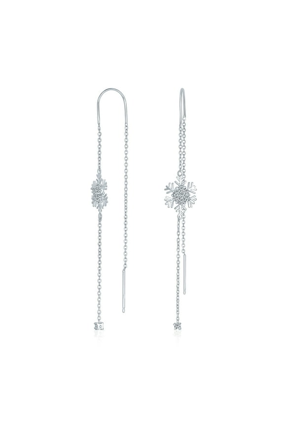 Womens Thin Linear Clear Blue CZ Snowflake Dangle Chandelier Earrings Sterling Silver