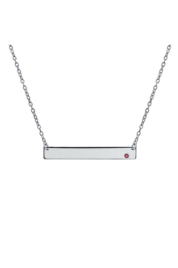 Womens Thin Sideways Bar Name Plate Pendant Necklace with Birth Month Crystal Silver