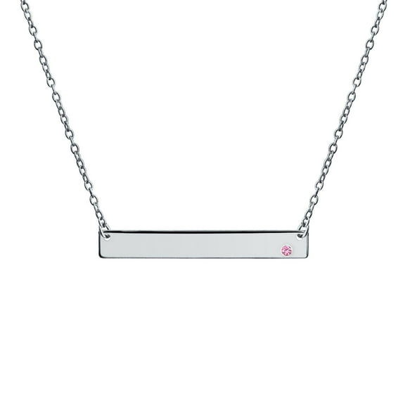 Bling Jewelry Womens Thin Sideways Bar Name Plate Pendant Necklace with Birth Month Crystal Silver