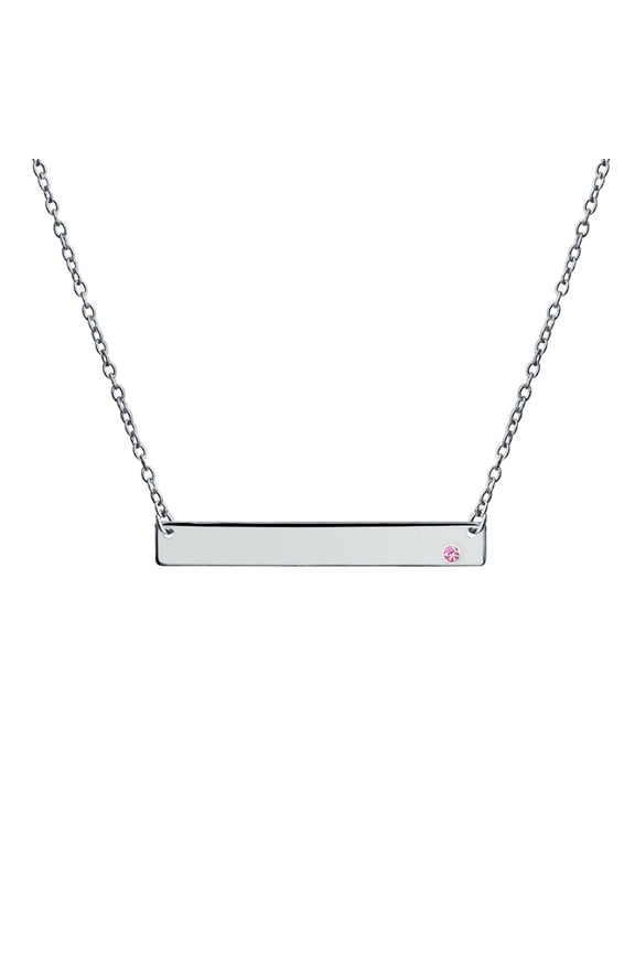 Womens Thin Sideways Bar Name Plate Pendant Necklace with Birth Month Crystal Silver