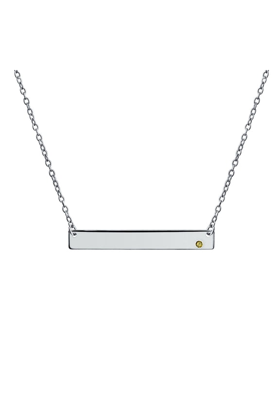 Womens Thin Sideways Bar Name Plate Pendant Necklace with Birth Month Crystal Silver