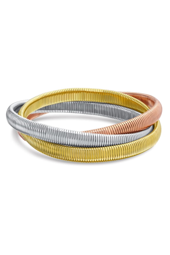 Womens Omega Snake Cobra Bangle Statement Stretch Bracelets Interlocking Bands Set 8 to 8.5 Inch Tri-Tone