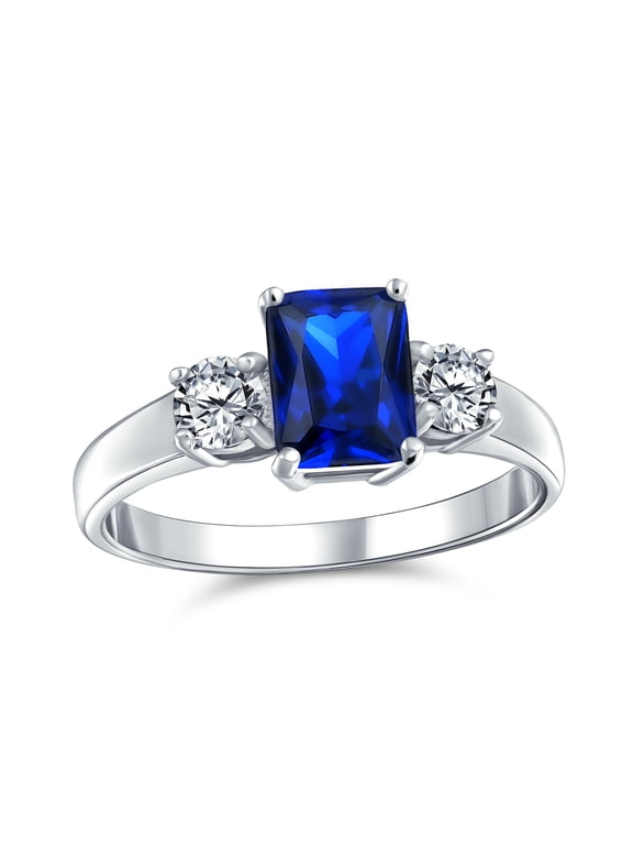 Womens 2CT Blue CZ Emerald Cut Engagement Ring Sterling Silver Side Stone Accent