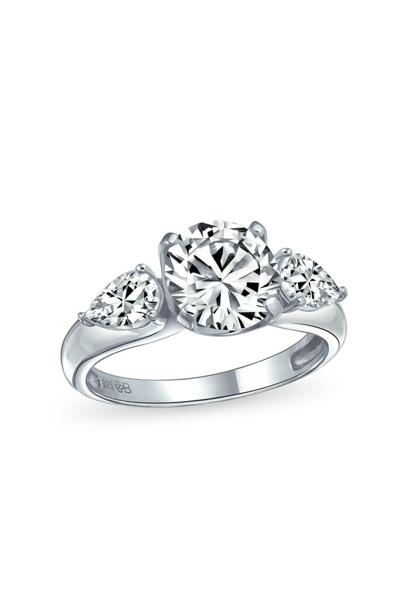 Womens Timeless 3CT CZ Solitaire Round Engagement Ring with Trillion Side Stones Silver