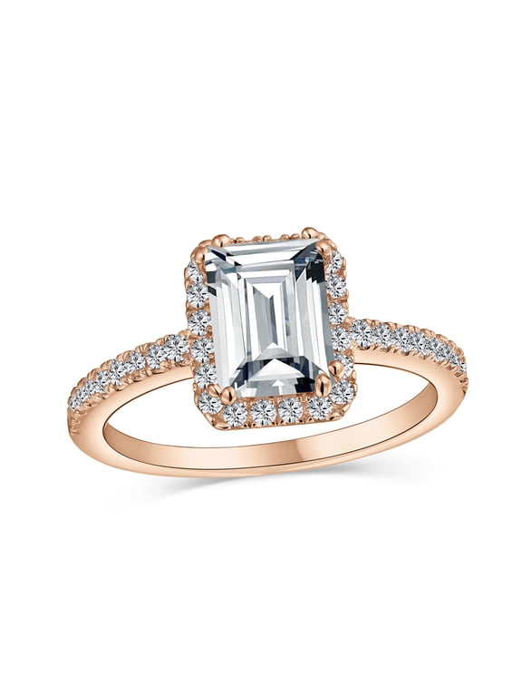 Womens 3CT Color CZ Halo Emerald Cut Engagement Ring Rose Gold Sterling Silver