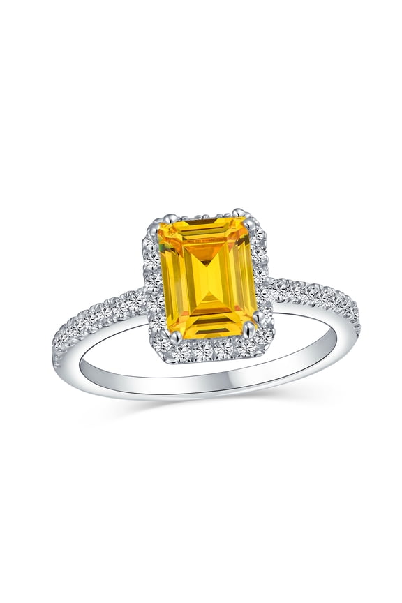 Womens Art Deco Style 3CT Yellow Halo CZ Emerald Cut Engagement Ring in .925 Sterling Silver