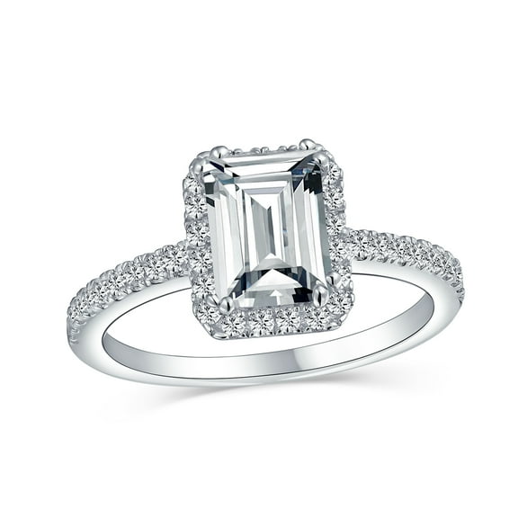 Bling Jewelry Womens Timeless 3CT Halo Emerald Cut Engagement Ring with CZ and Sterling Silver Band