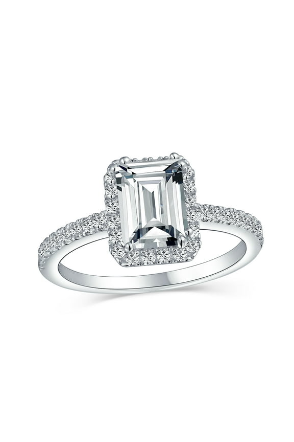 Womens Timeless 3CT Halo Emerald Cut Engagement Ring with CZ and Sterling Silver Band