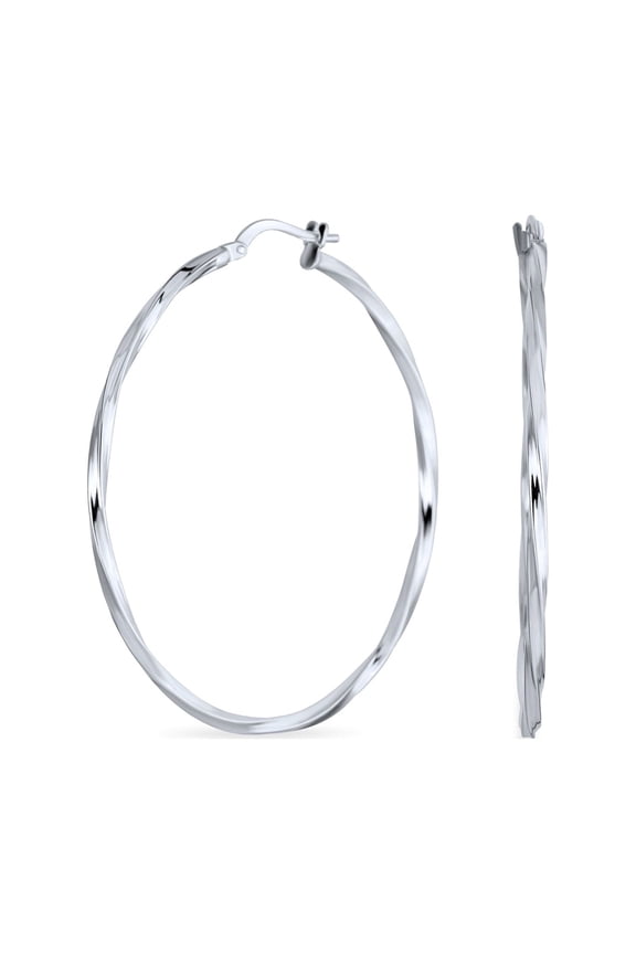 Womens Timeless Slender Wire Rope Hoop Huggie Earrings Sterling Silver 1.75 Inch