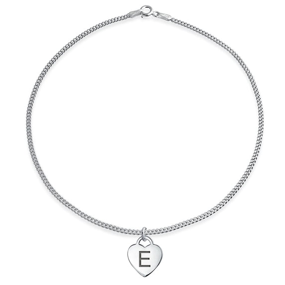 Bling Jewelry Womens Heart Shape Charm Alphabet Initial E Anklet Ankle Bracelet .925 Sterling Silver 10"